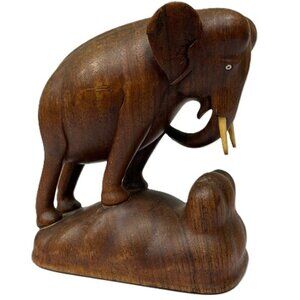 Vintage Hand Carved Wooden‎ Elephant Figurine On Stand Dark Wood